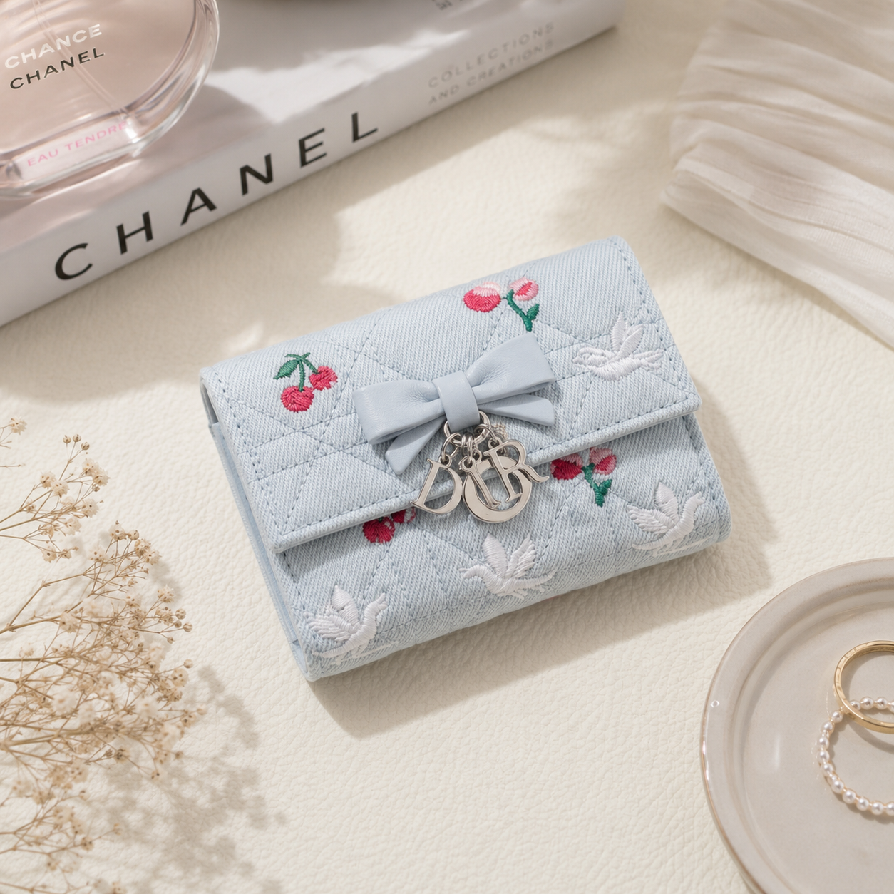 Elegant White Embroidered Lambskin Wallet
