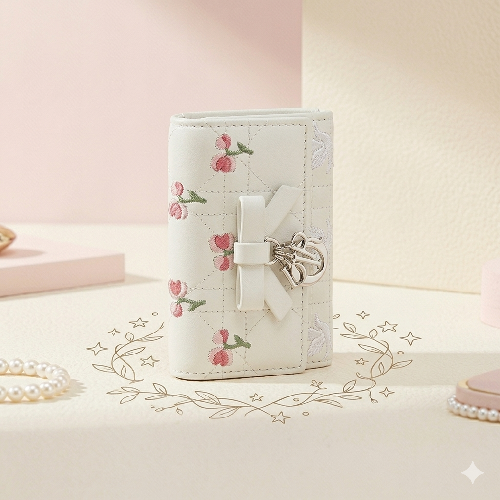Elegant White Embroidered Lambskin Wallet
